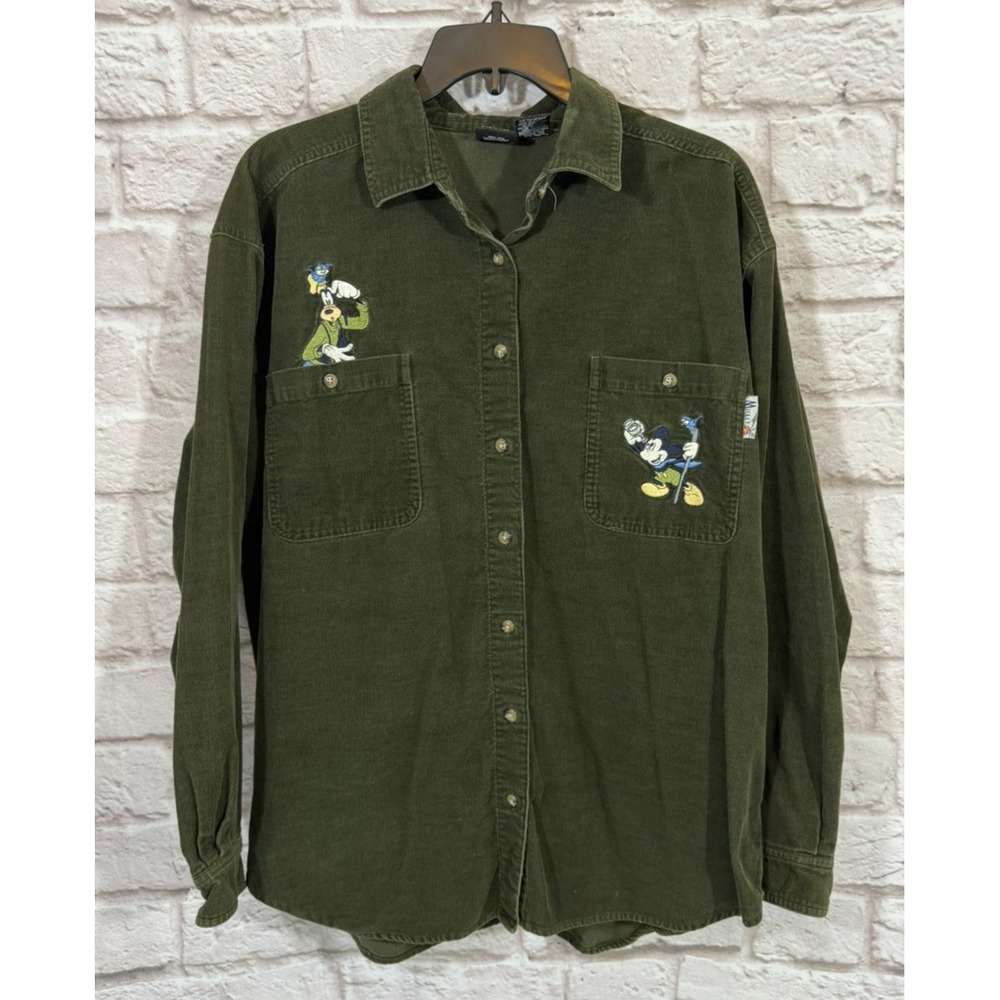 VTG Disney Mickey Unlimited Embroidered Green 100% Cotton Corduroy Shirt Large